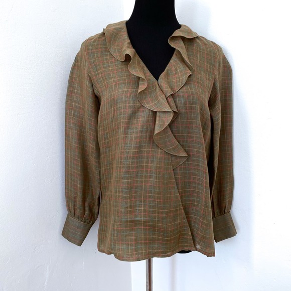Vintage 70's Gucci Plaid Ruffle Front Shirt Top Long Sleeve Linen Brown Size 40 - Picture 5 of 7